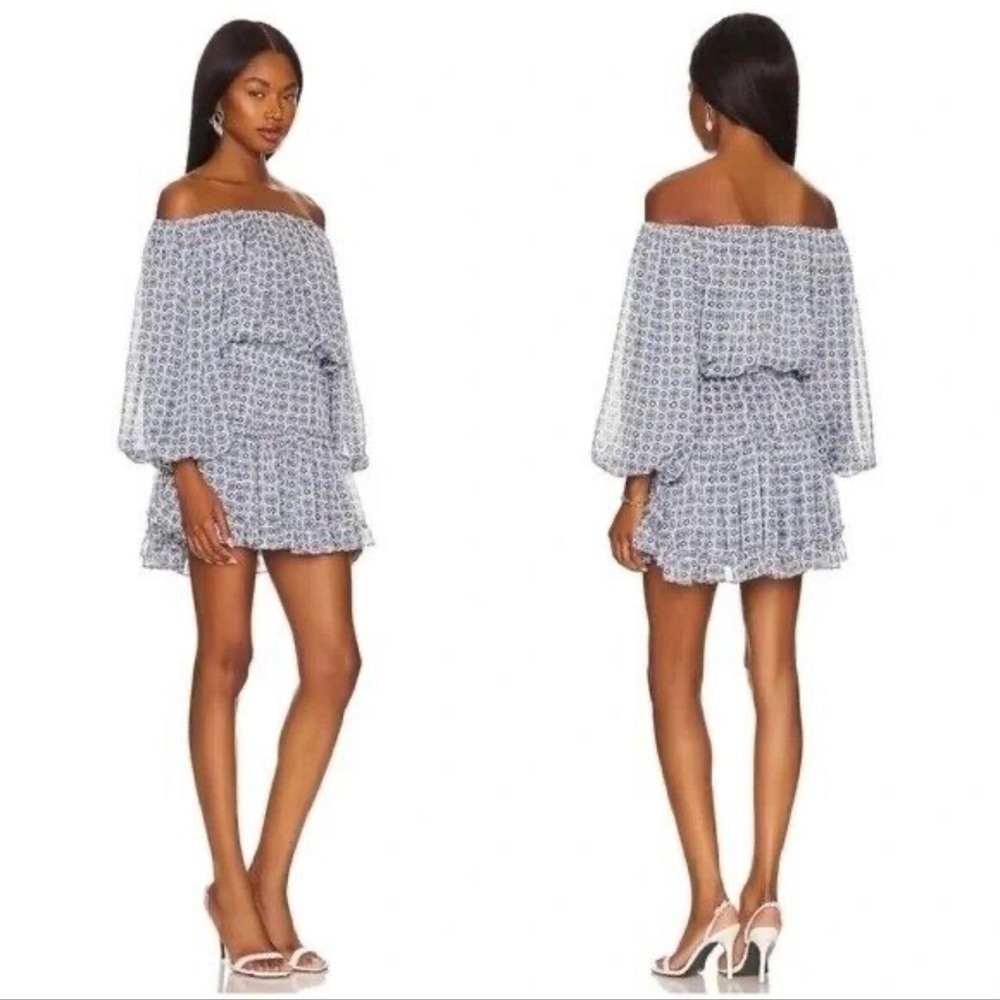 NWT MISA LOS ANGELES Zonia Mini Chiffon Floral Blue Off-Shoulder Dress